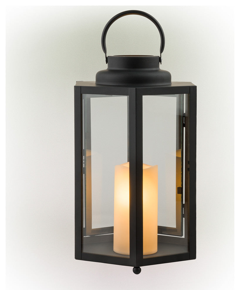 14" Tall Outdoor Hexagonal Battery-Operated Metal Lantern with LED Lights, Black