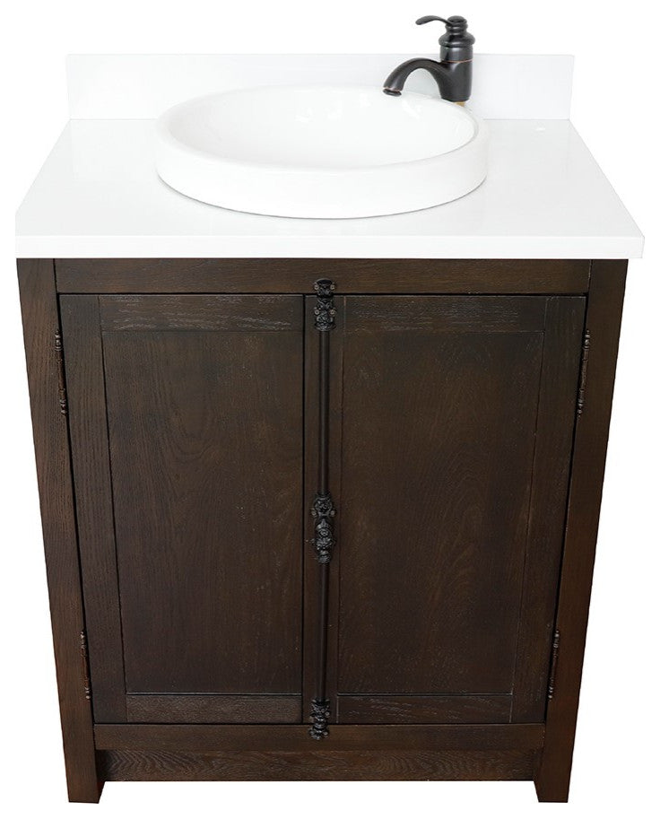 30" Single Vanity, Brown Ash, White Engineered Stone Top, Round