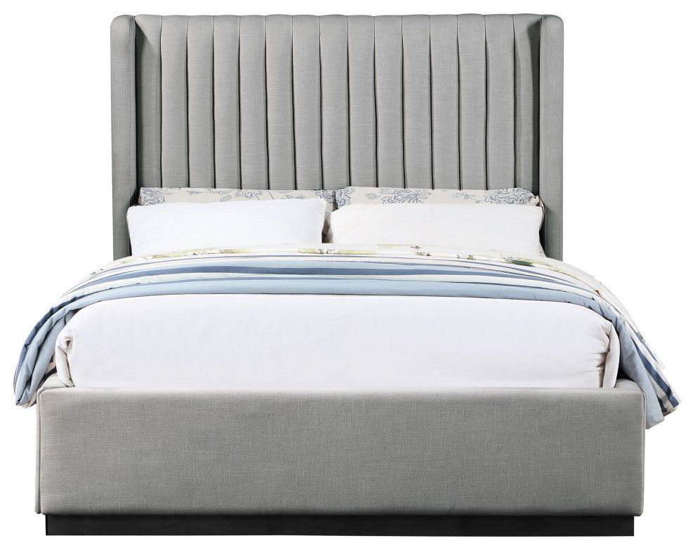 Logan Beige Linen Textured Fabric Twin Bed, Gray, Queen