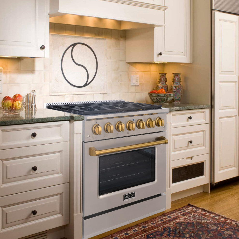 36" Slide-in Freestanding Gas Range & 5.2 Cu. Ft. Oven,6 Burners.Stainless Steel, Stainless Steel & Gold, 36"