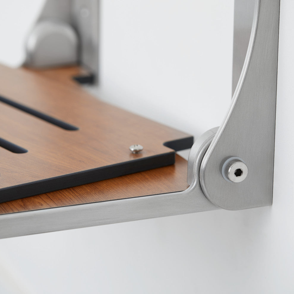 Silhouette Folding Wall Mount Shower Bench Seat, Rustic Teak, Silver Frame