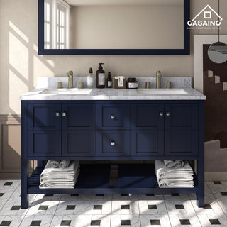 Single Sink Solid Wood Bath Vanity with Natural Marble Top and Mirror, 60in
