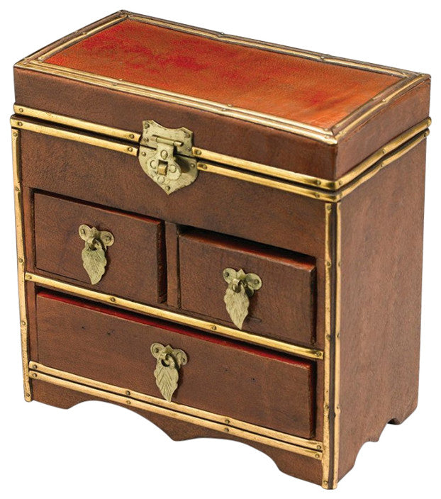 Wooden Lift Top Leather Wrapped Jewelry Box, Brown