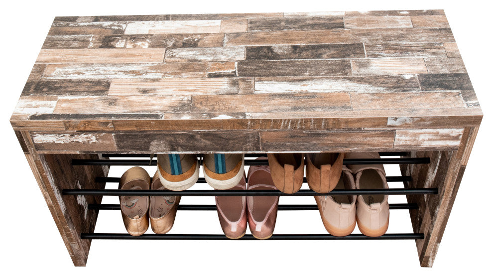 Two-Tier Industrial Decorative Shoe Bench, Distressed Wood Finish