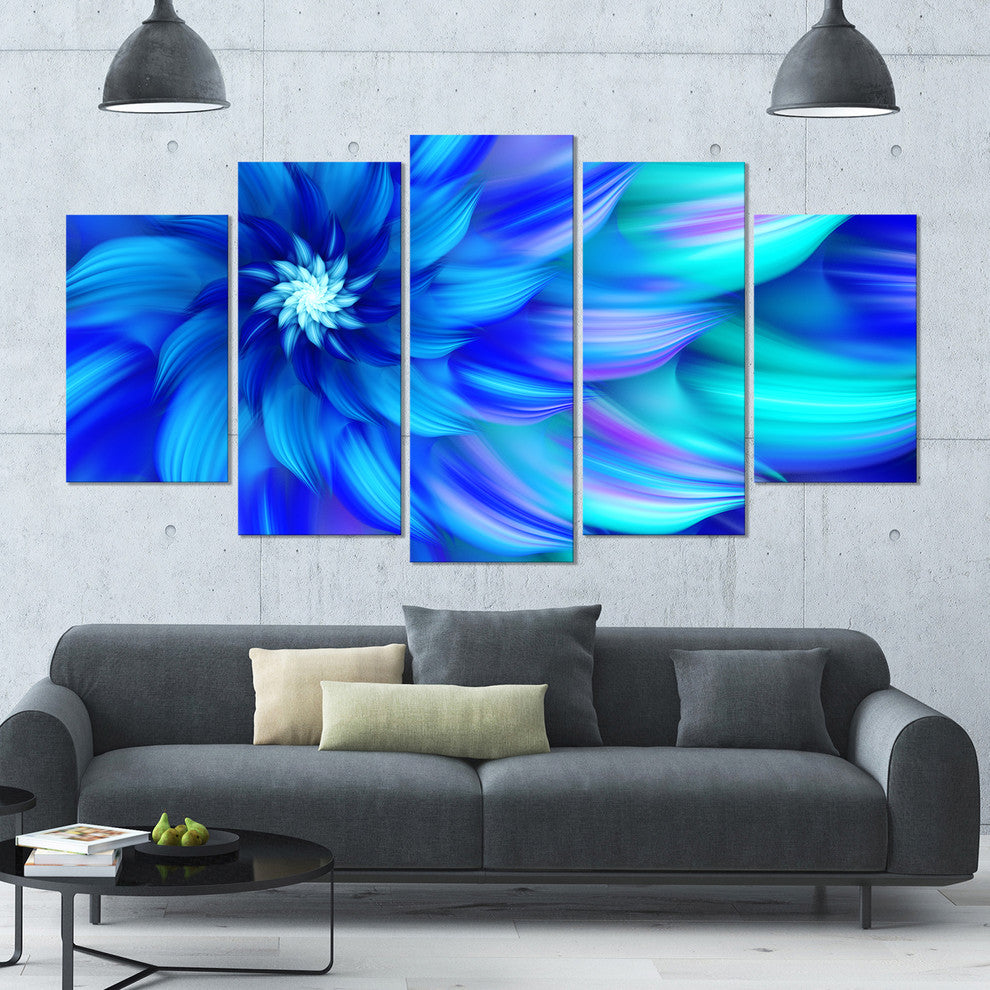 Massive Blue Fractal Flower, Large Floral Canvas Art Print, 60"x32", 5 Panels