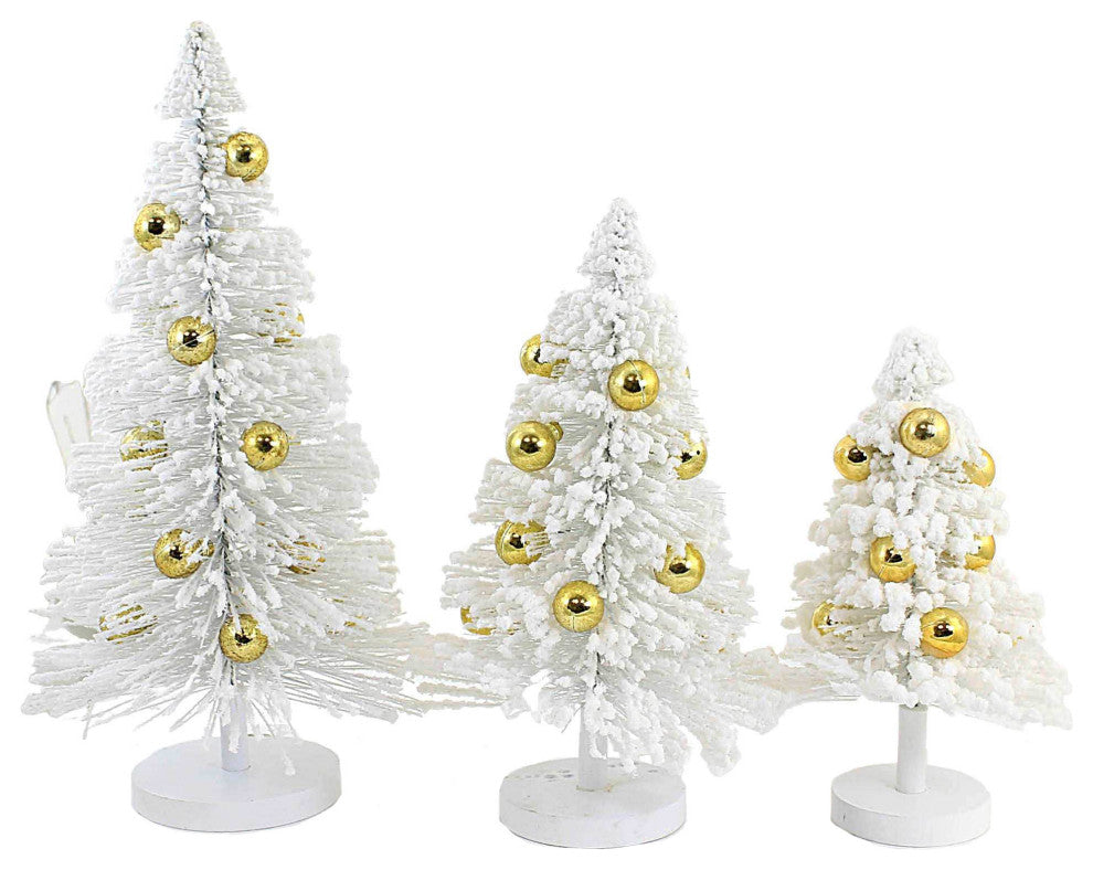 Christmas White Snow Forest Trees Plastic Gold Bottle Brush Cd1412wg