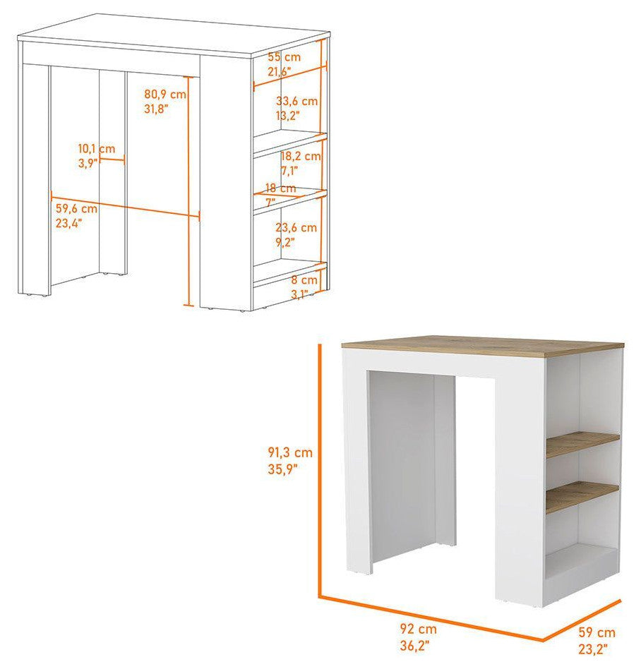 Harlan Kitchen Island With 3 Side Shelves, White/Macadamia