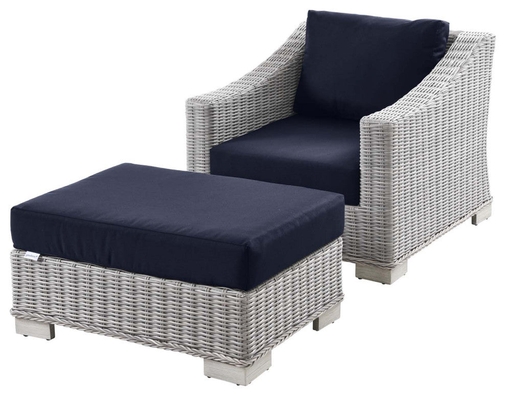 Side Chair Armchair and Ottoman, Rattan, Wicker, Gray Blue Navy, Outdoor