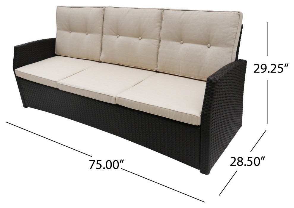 GDF Studio Amigo Outdoor 3-Seater Wicker Sofa With Beige Cushions, Dark Brown/Be