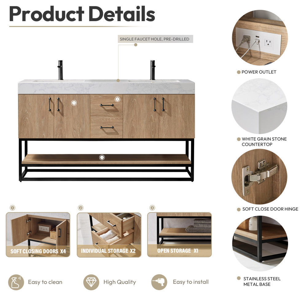 Alistair Vanity, North American Oak, Matte Black Hardware, 60" Double Sink, With Mirror