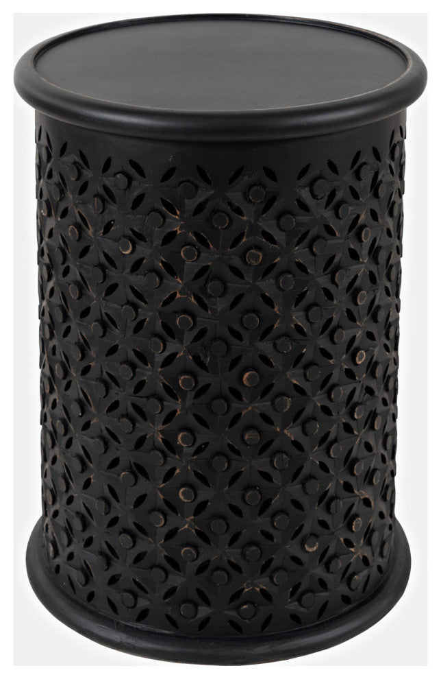 Mango Wood Handcrafted Solid Hardwood Drum Table, Antique Black Finish Set of 2