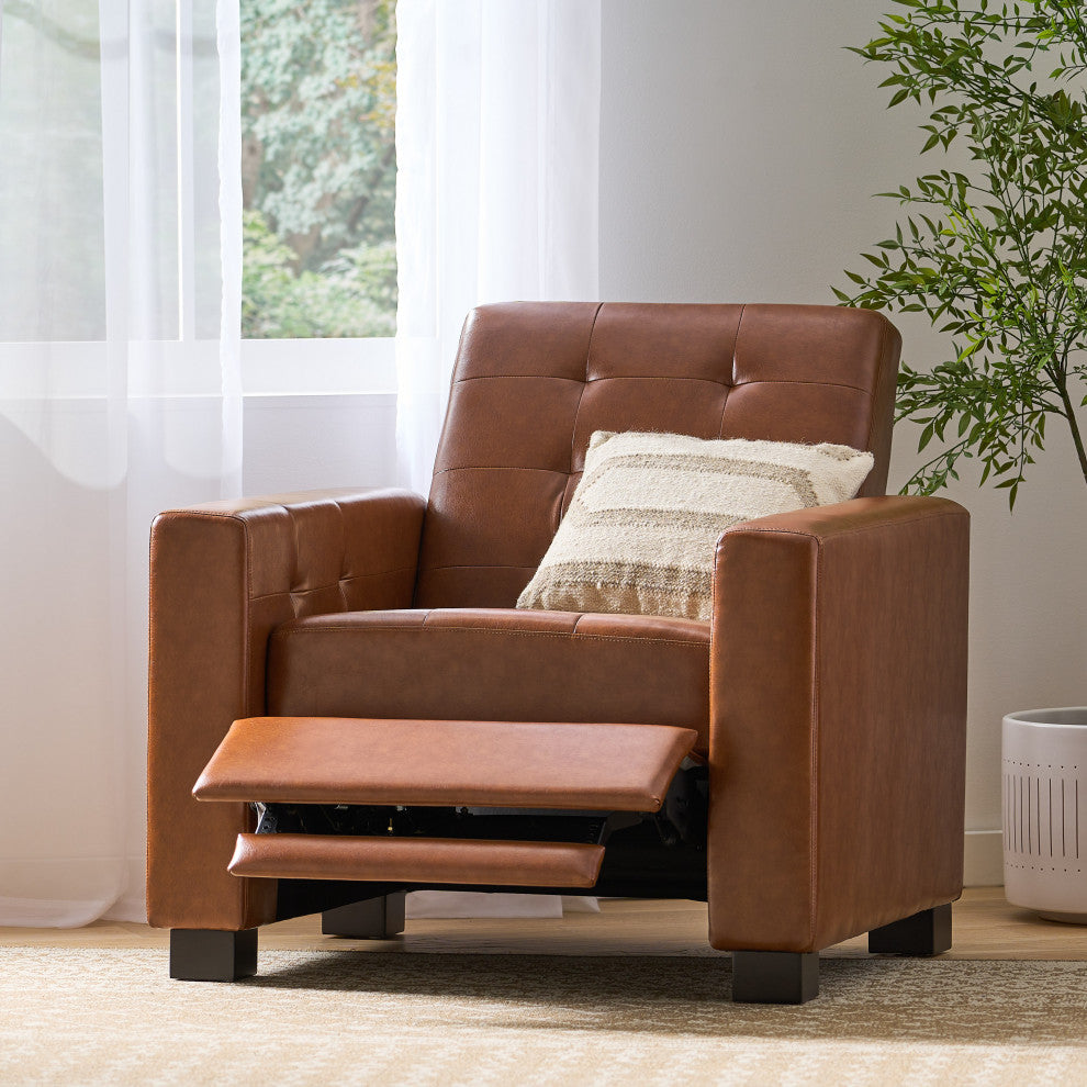 Langseth Contemporary Tufted Pushback Recliner, Cognac/Dark Brown, Faux Leather