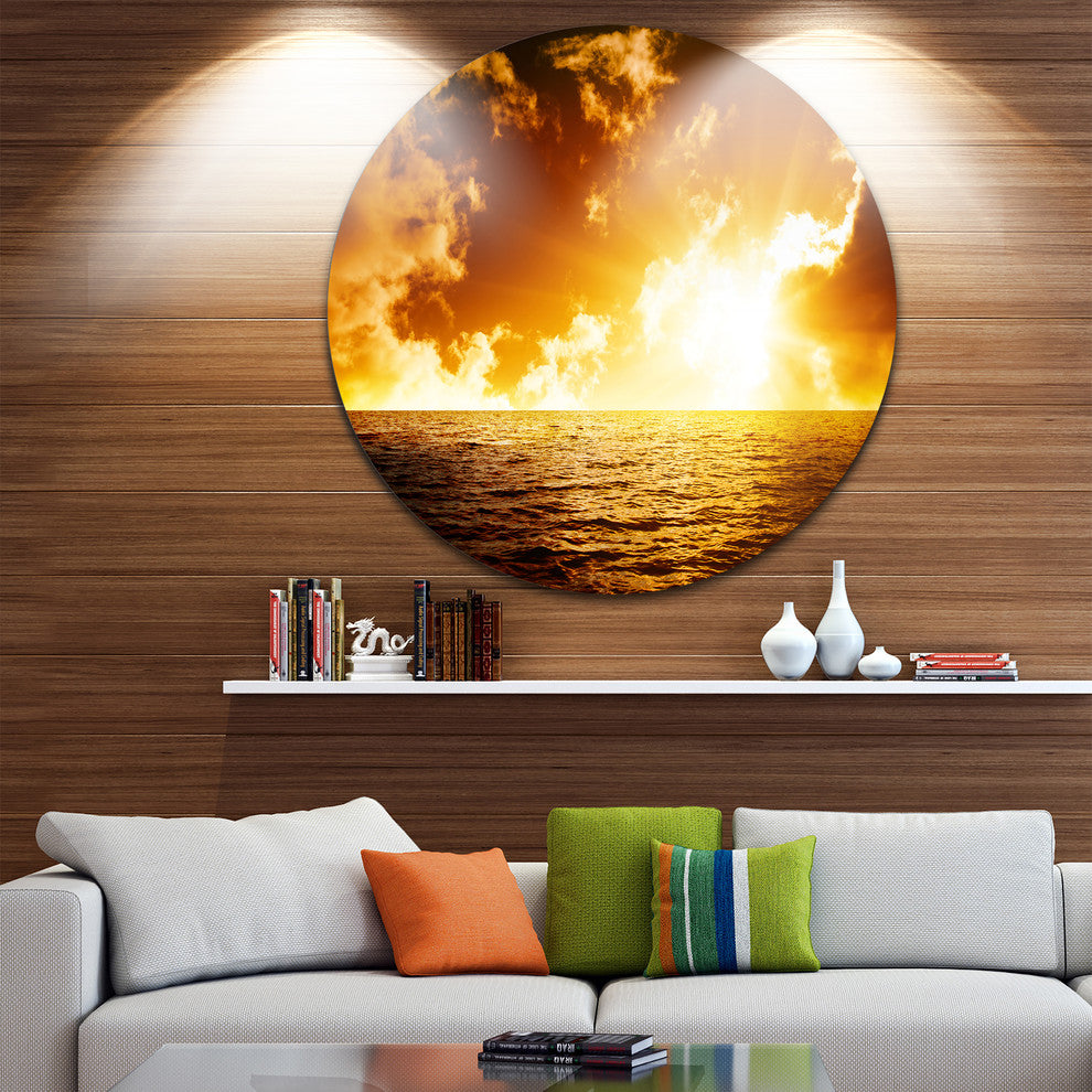 Fiery Sunlight In Beach During Sunset, Seashore Round Wall Art, 11"