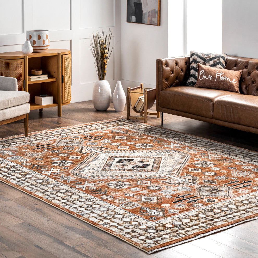 Nuloom Vanesa Distressed Traditional Medallion Bordered Area Rug, Rust 5'x8'