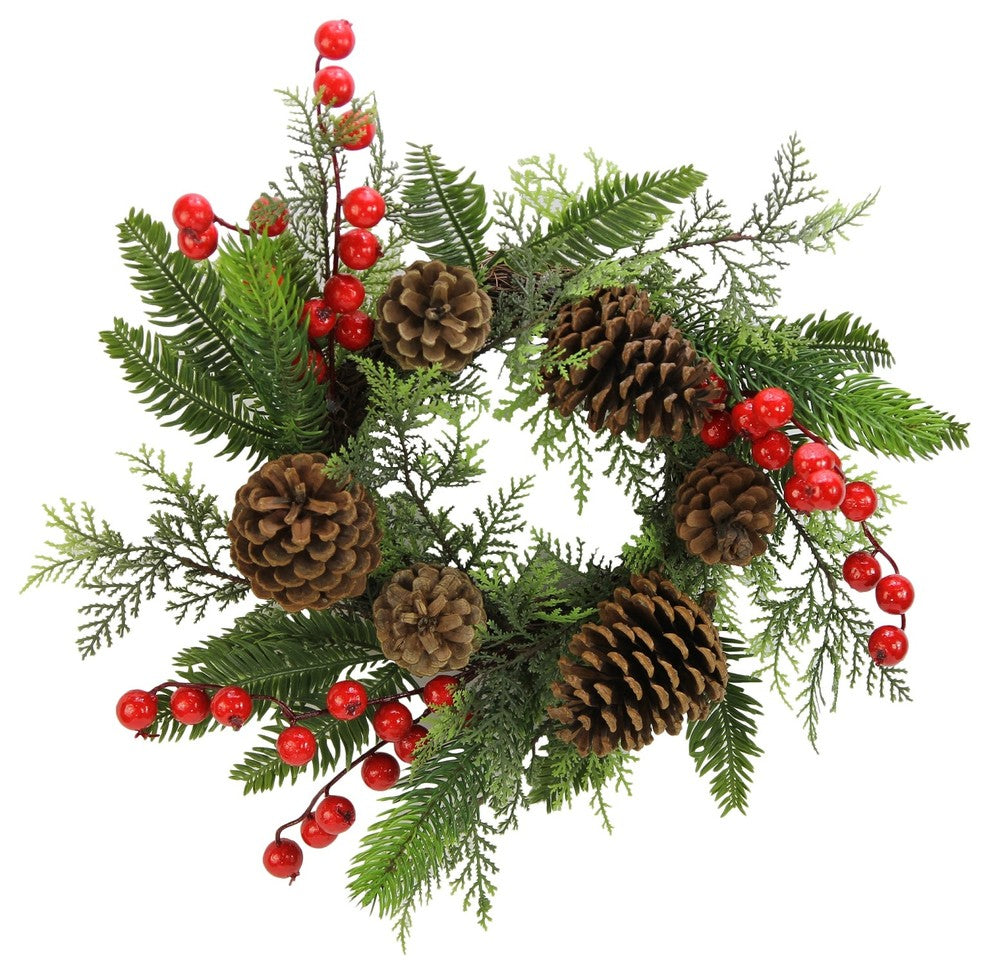 14"  Faux Red Berries, Natural Pine Cones and Cedar Christmas Wreath/Candle Ring