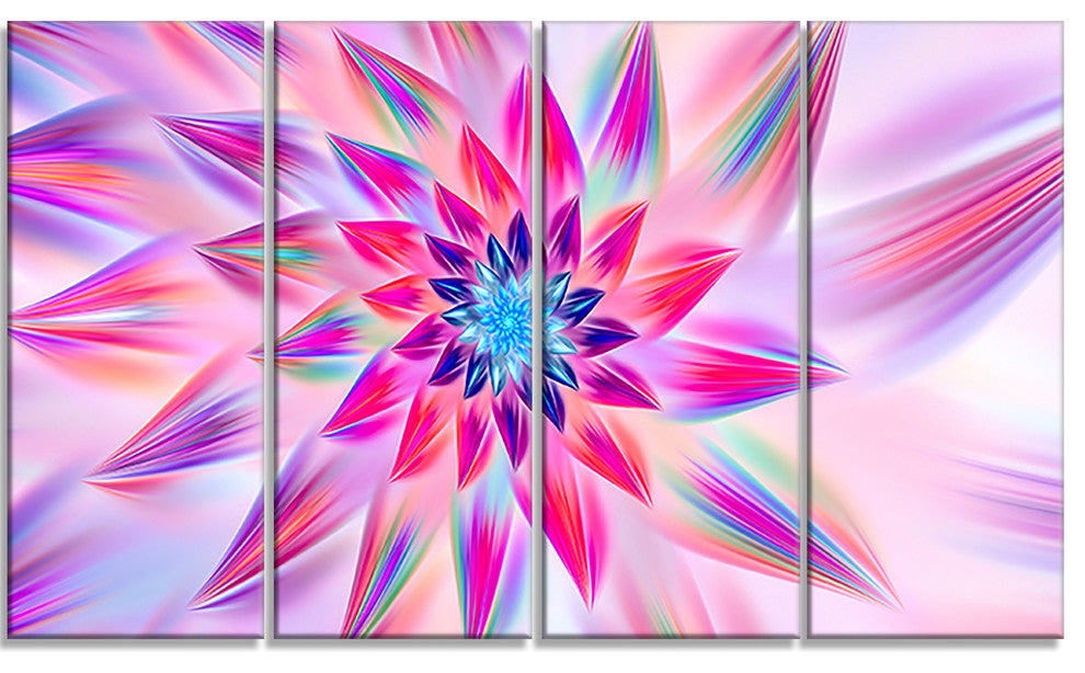 Huge Pink Blue Fractal Flower, Floral Canvas Art Print, 48"x28", 4 Panels