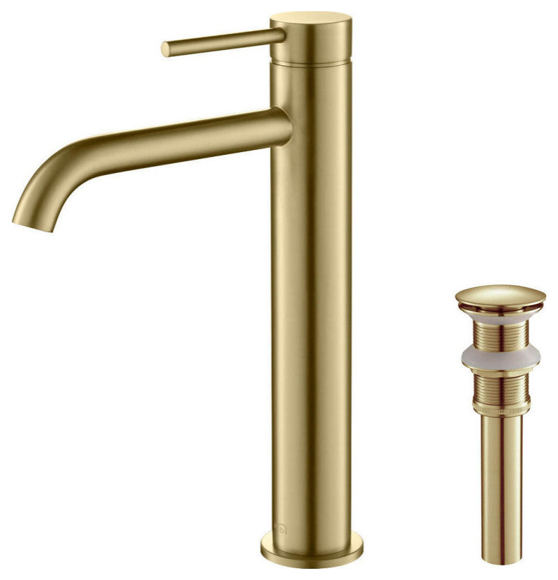 Circular Brass Single Handle Bathroom Faucet KBF1009, Brush Gold, With Drain