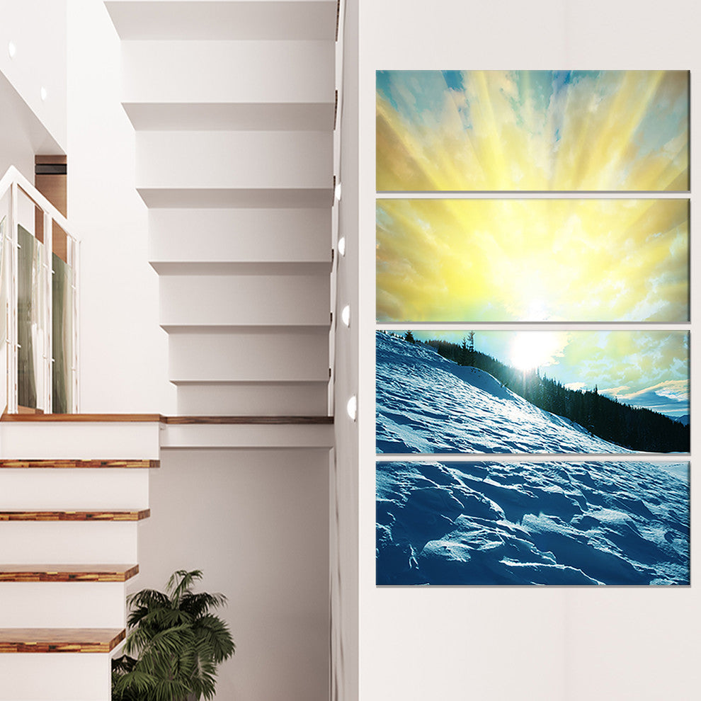 Winter with Blue Waters At Sunset, Seashore Canvas Art Print, 28"x48", 4 Panels
