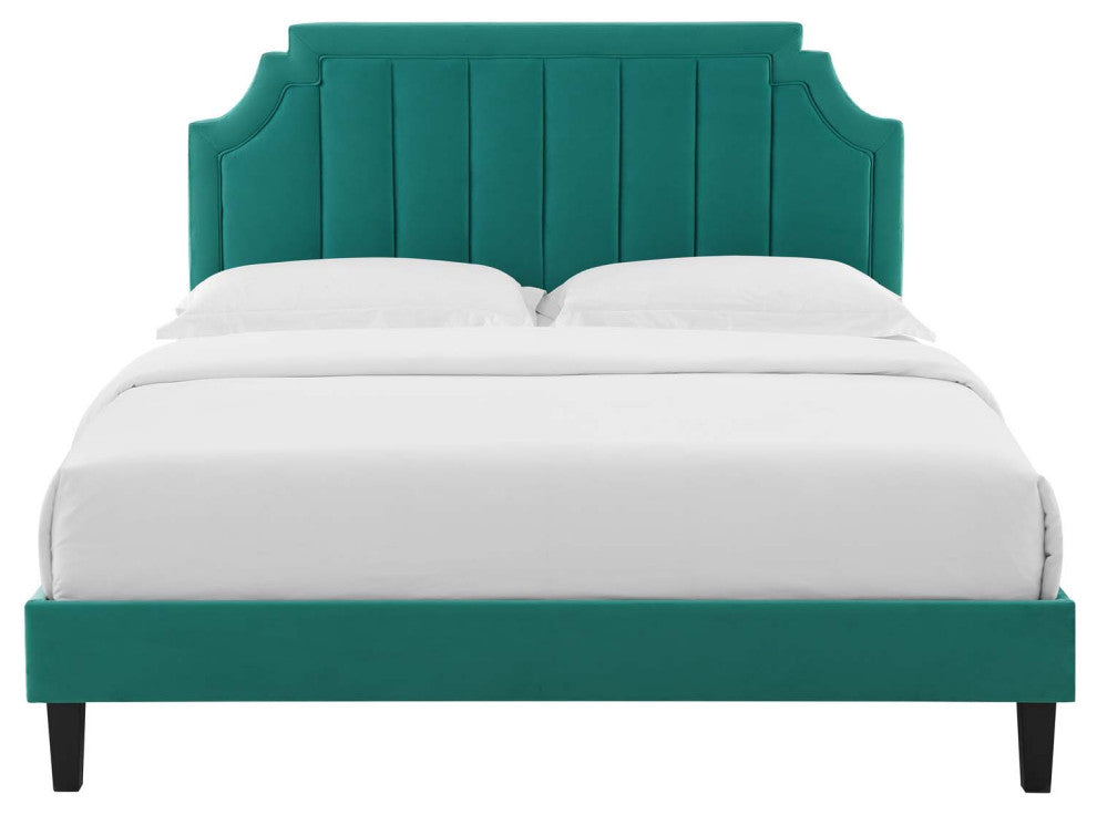 Platform Bed Frame, Queen Size, Velvet, Teal Blue, Modern Contemporary, Bedroom