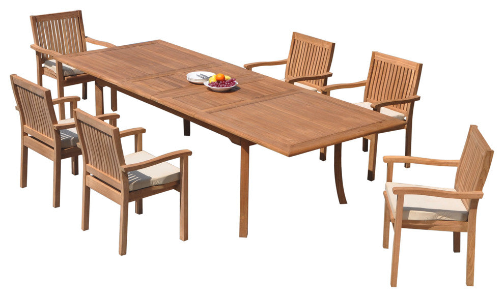 7-Piece Outdoor Teak Dining Set: 117" Rectangle Table, 6 Leveb Stacking Chairs