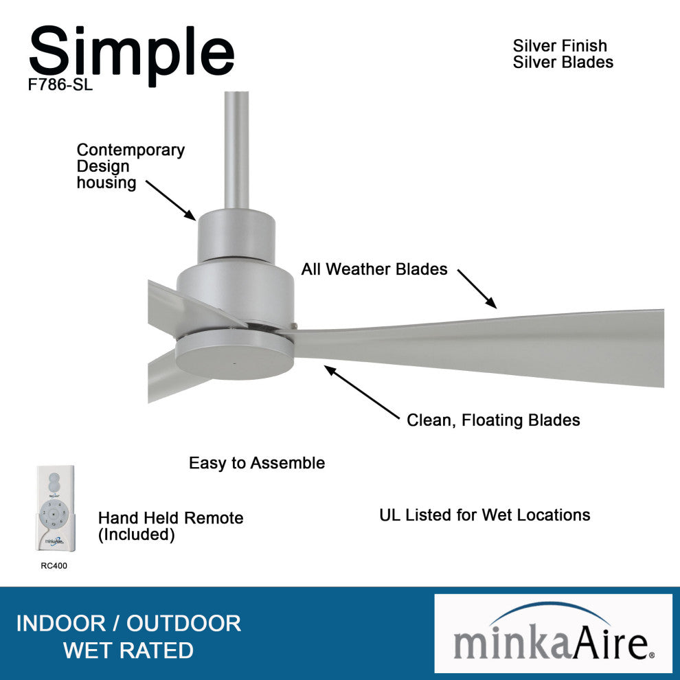 MinkaAire Nickel So Simple 44" 3-Blade Indoor / Outdoor Ceiling Fan w/ Remote