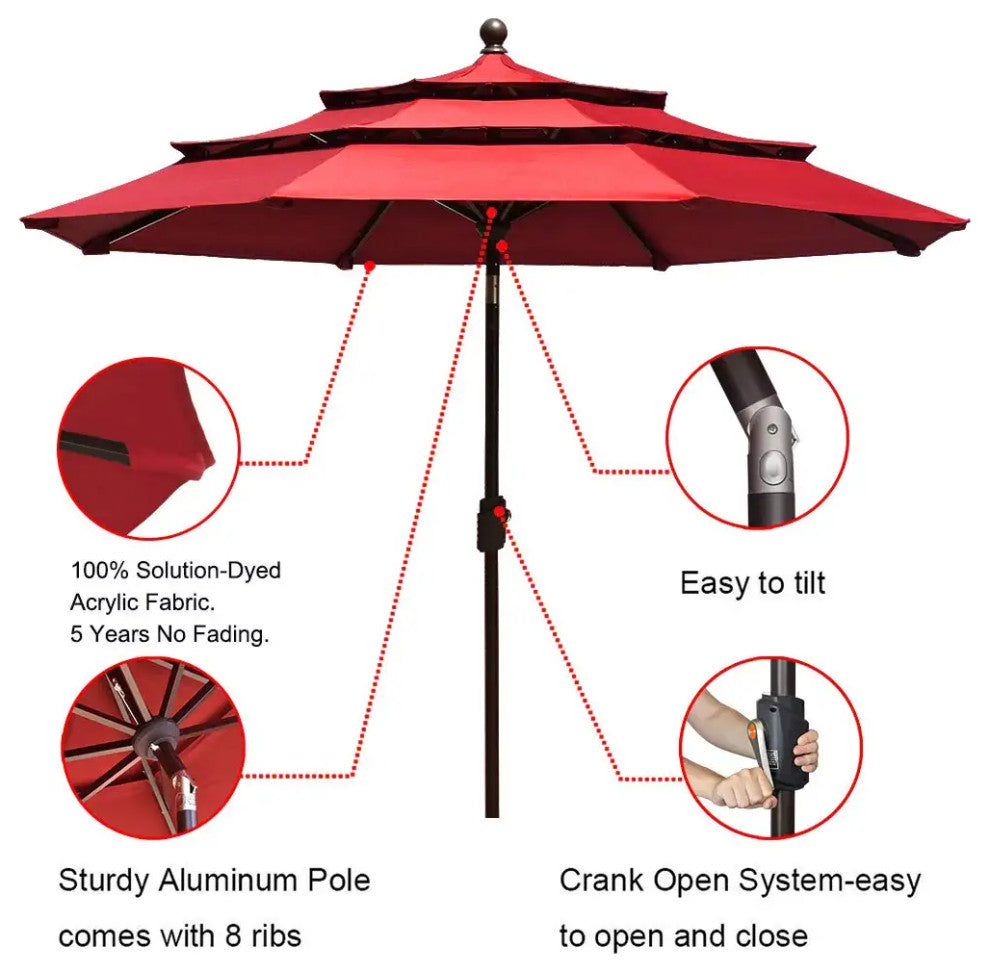 9ft Patio Umbrella with Crank Lift and Ventilated 3 Tier Design, Logo Red