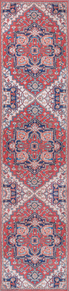 Cirali Ornate Large Medallion Machine Washable Indoor Area Rug, Red/Navy, 2 X 8