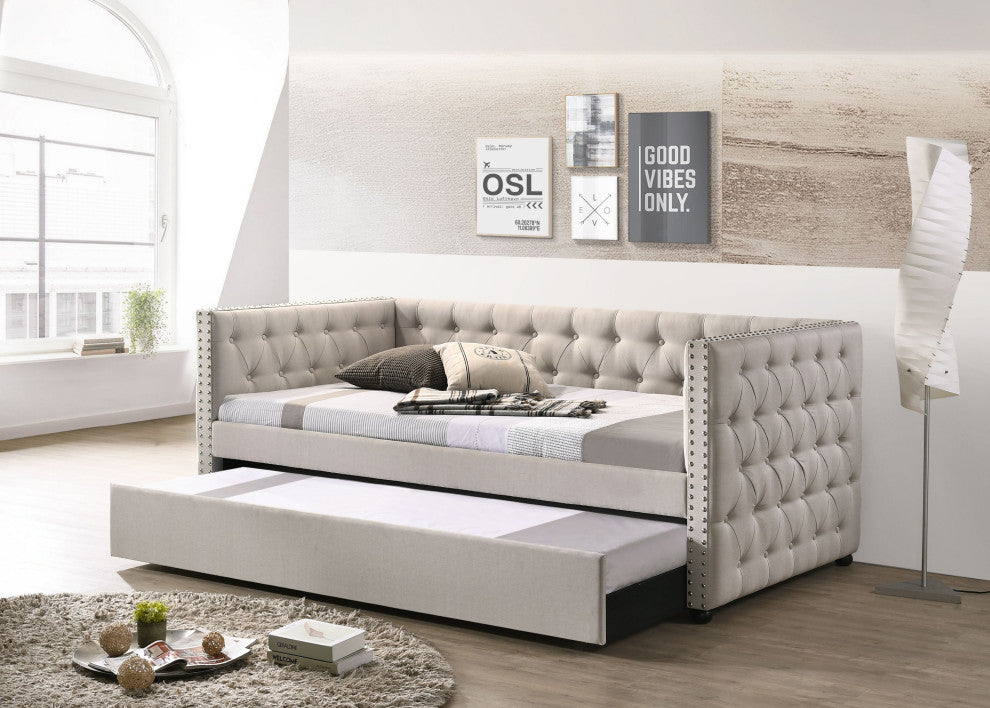 Romona Daybed and Trundle, Beige Fabric, Full