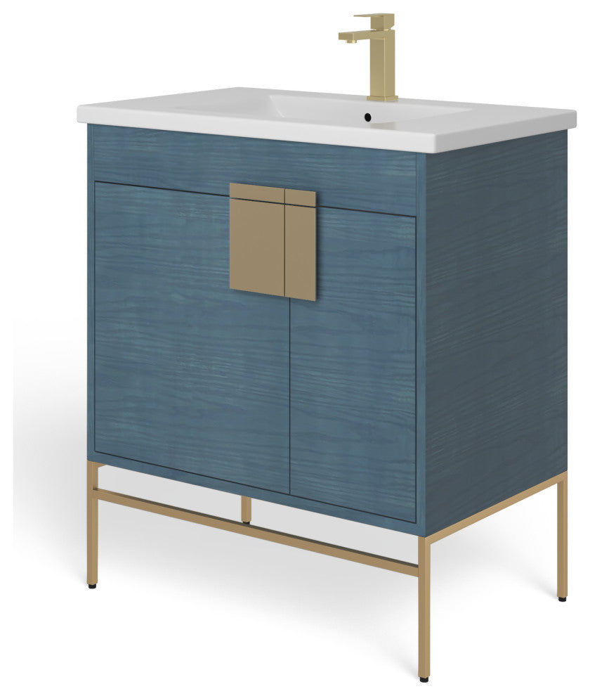 Lockhart Bath Vanity, French Blue, 30", Satin Brass Hardware, Single Sink, Freestanding