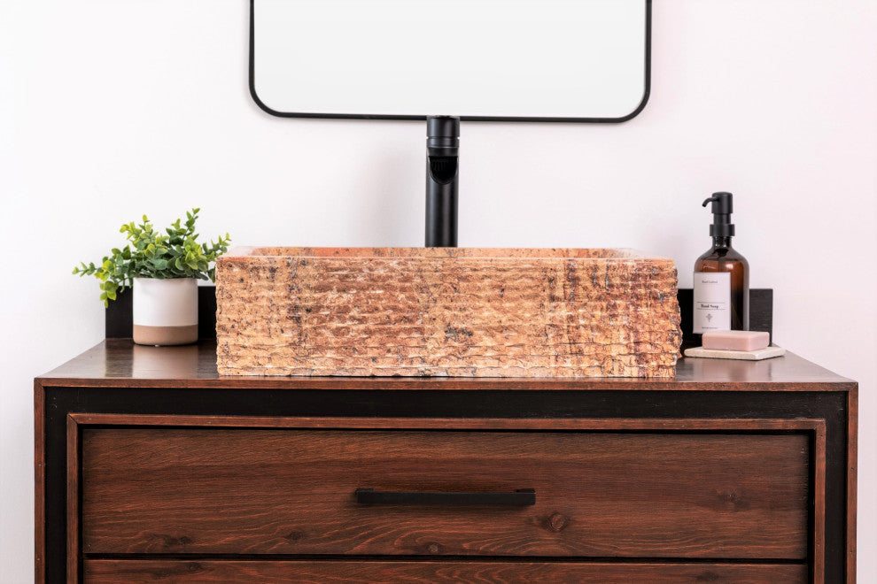 Natural Stone Vessel Bathroom Sink, Rustic Rectangular Stone Sink, Peach