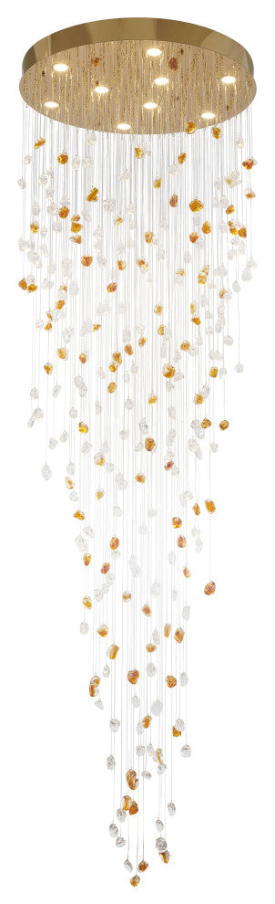 9-Light Brass Chandelier With Amber And Clear Glass Stones