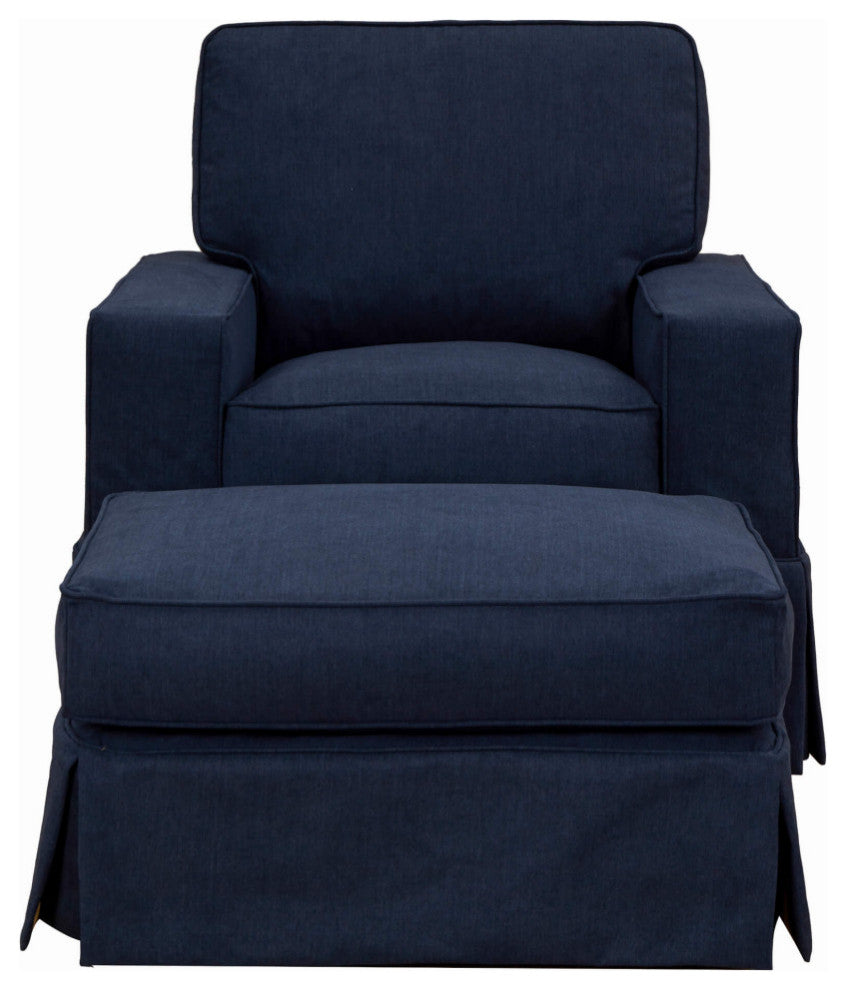 Box Cushion Track Arm Chair and Ottoman Set Fabric Navy Blue