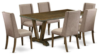 7-Piece Set, 6 Person Chairs and Small Table Wood, High Back Button