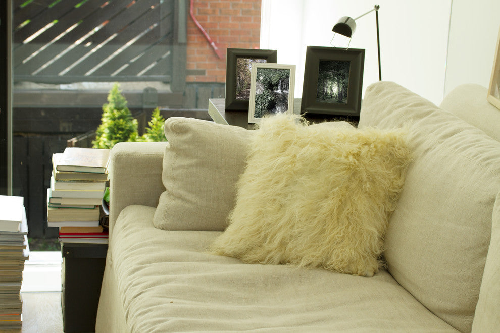 Natural 100% Sheepskin Mongolian Pillow, Natural, 18"x18"