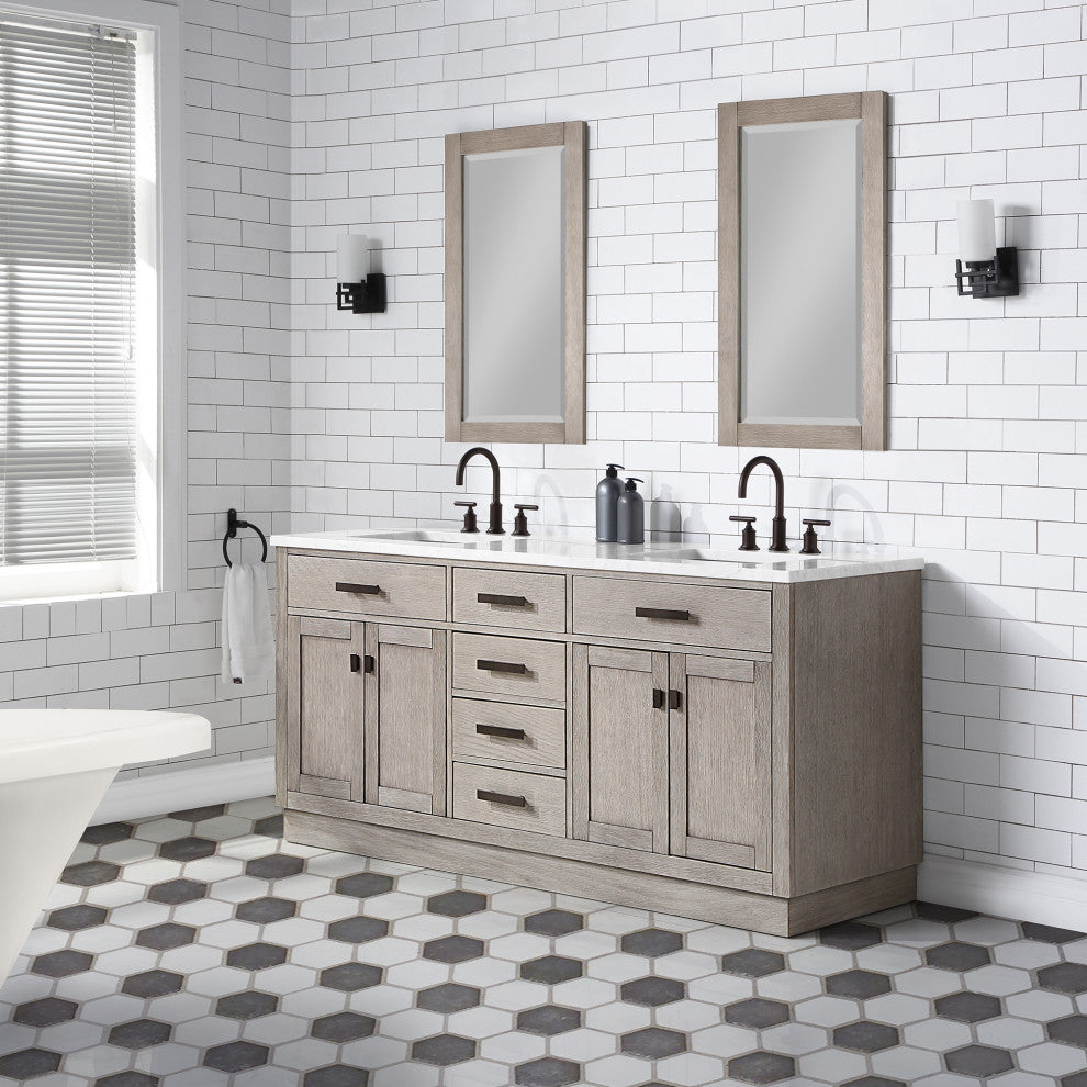 Water Creation Chestnut 72" Bath Vanity, Grey Oak, Oil-Rubbed Bronze Hardware, With Mirror(s) and Faucet(s)