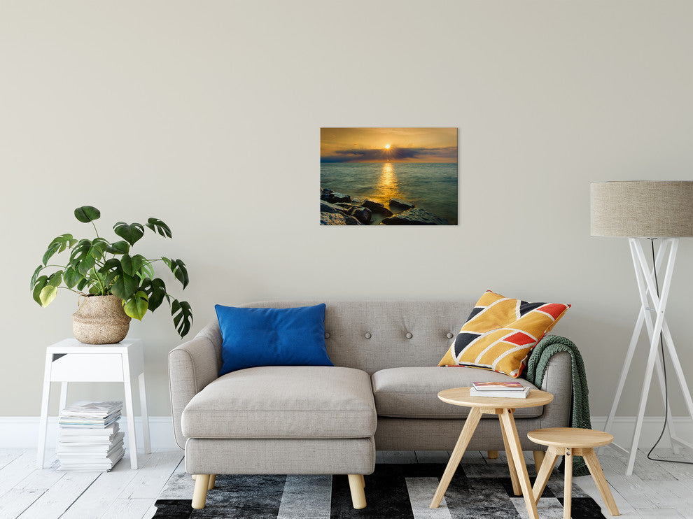 Sunset On Ocean, Sea, Beach Nature Landscape Photo Canvas Print, 18" X 24"
