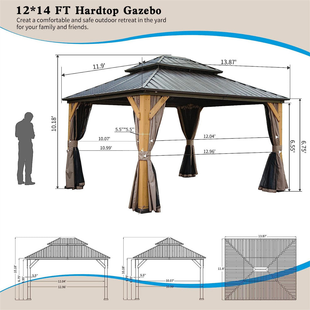 Cedar Wood Gazebo with Galvanized Steel Double Roof, 12'x14'