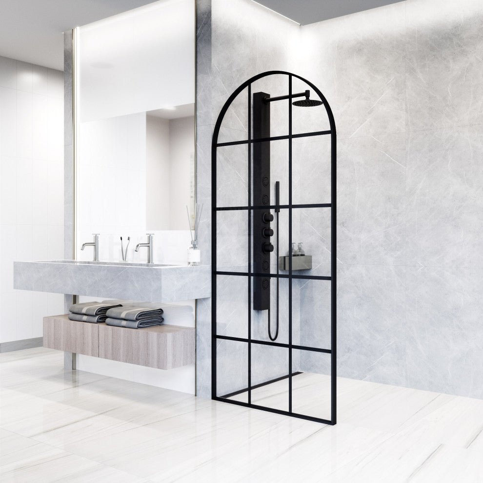 VIGO Arden 34" W x 78" H Framed Fixed Shower Screen, Matte Black Grid, Clear Glass