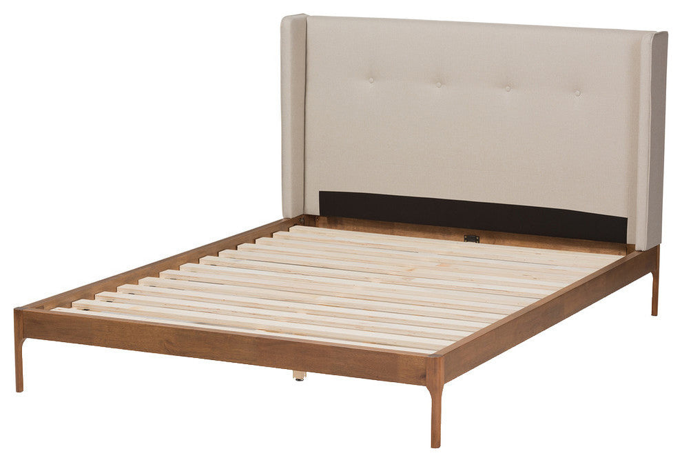 Brooklyn Mid-Century Walnut Wood Beige Fabric Full Size Platform Bed
