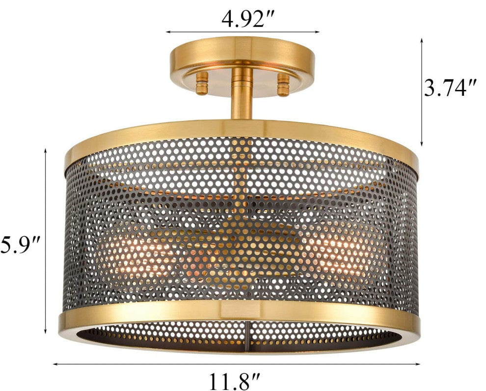 2 Light Gold Flush Mount Ceiling Light, Mesh Brass