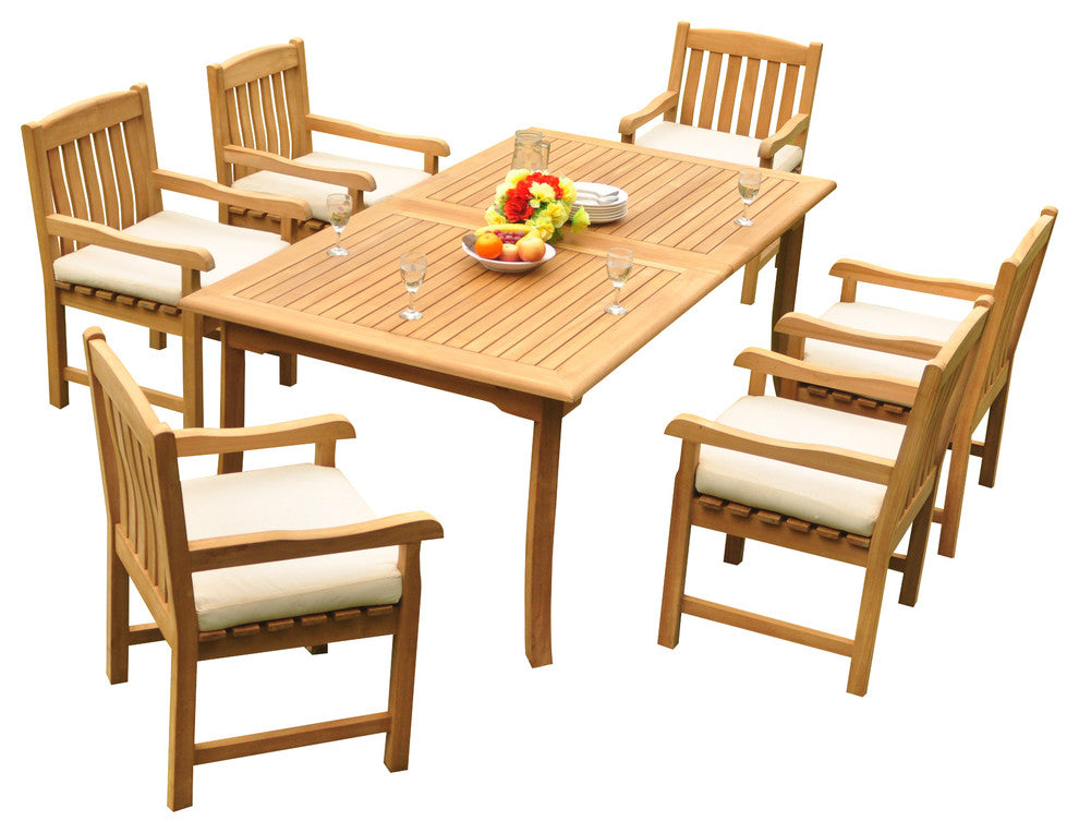 7-Piece Teak Dining Set, 117" Extension Rectangle Table, 6 Devon Arm Chairs