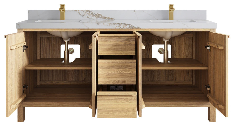 Elizabeth Oak 72" Double Sink Vanity, White 2" Calacatta Gold