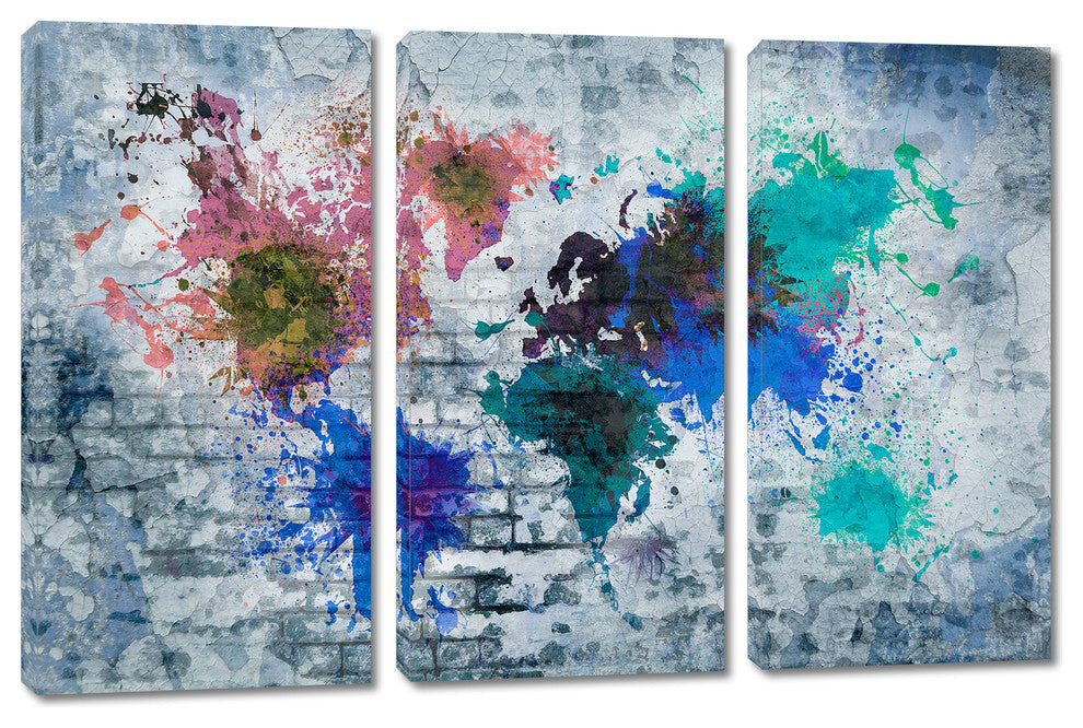 Blue Brick Wall Art World Map Canvas Print, 3 Panel Split, Triptych, 9