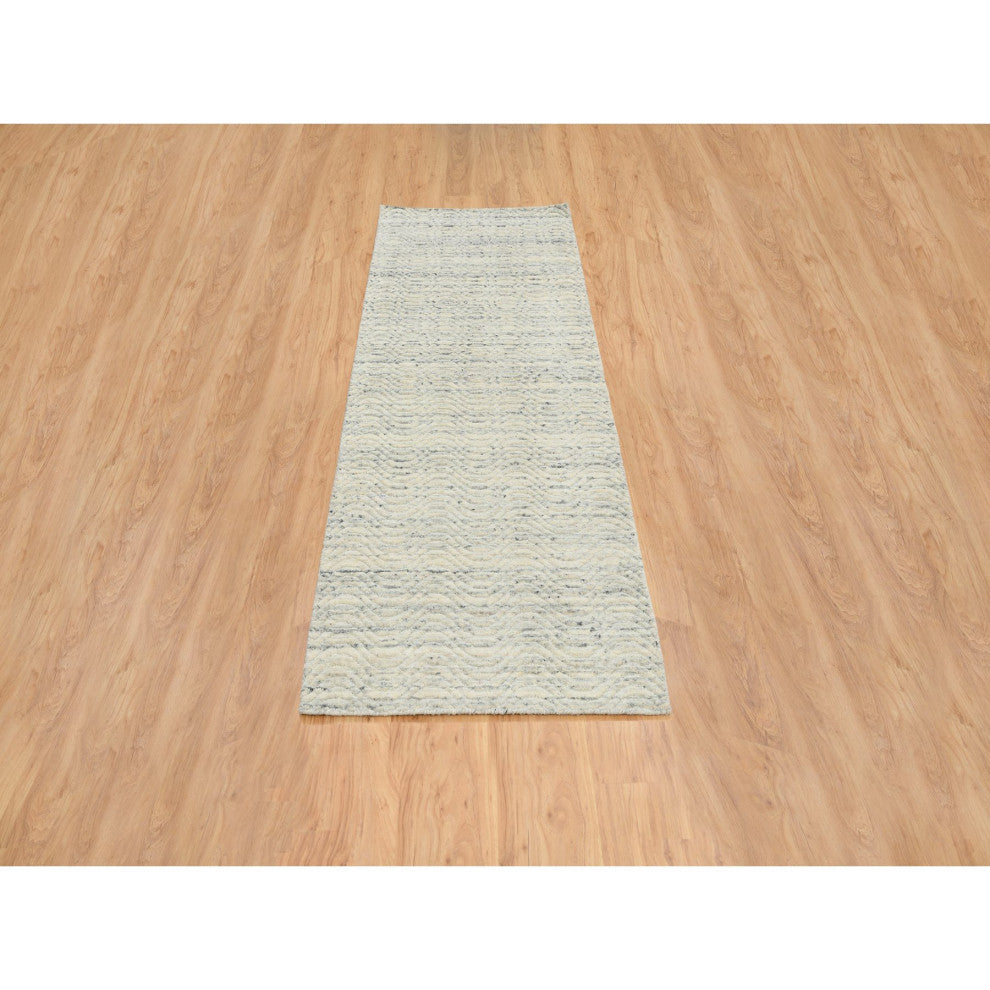 Beige Hand Loomed Variegated Textured Modern Design Wool Runner Rug, 2'6"x7'10"