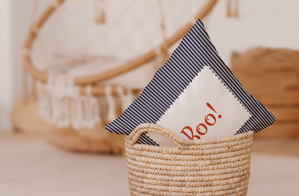 Halloween Boo Ticking Indoor/Outdoor Throw Pillow, Navy, 18"x18"