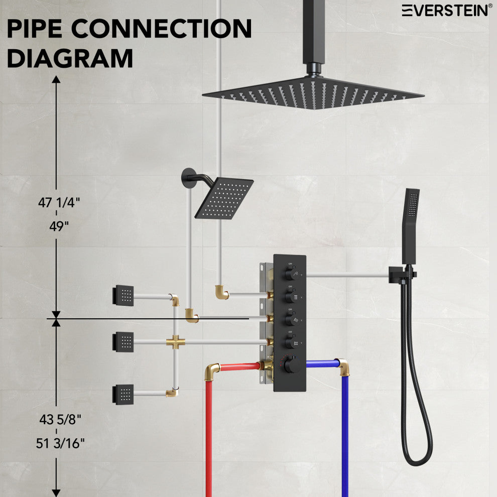 Dual Shower Heads 16" Thermostatic Shower System With Body Jets, Matte Black