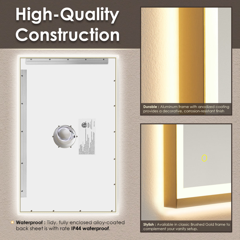 Apollo Anti-Fog Dimmable Vanity, LED Lighted Wall Mirror, Brushed Gold, 48"