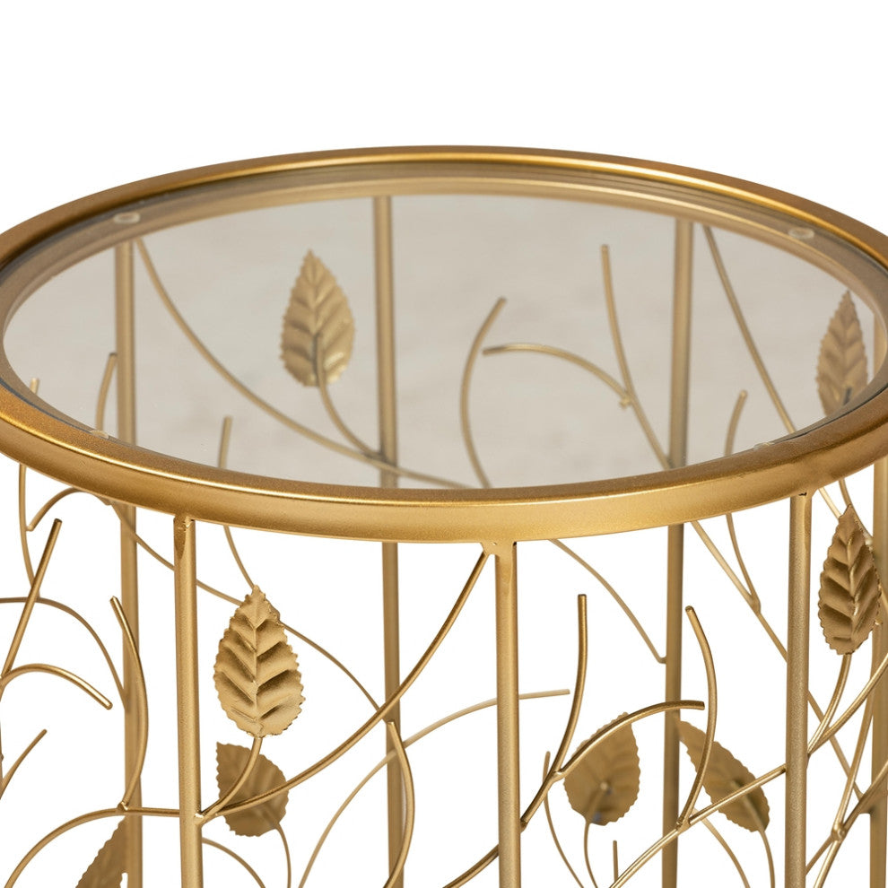 Modern Glam Brushed Gold Finished Metal and Glass Leaf Accent End Table