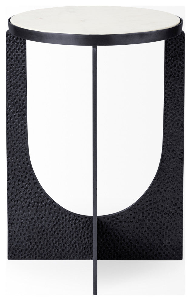 Patrick White Marble Top w/ Black Iron Frame Round Accent Table