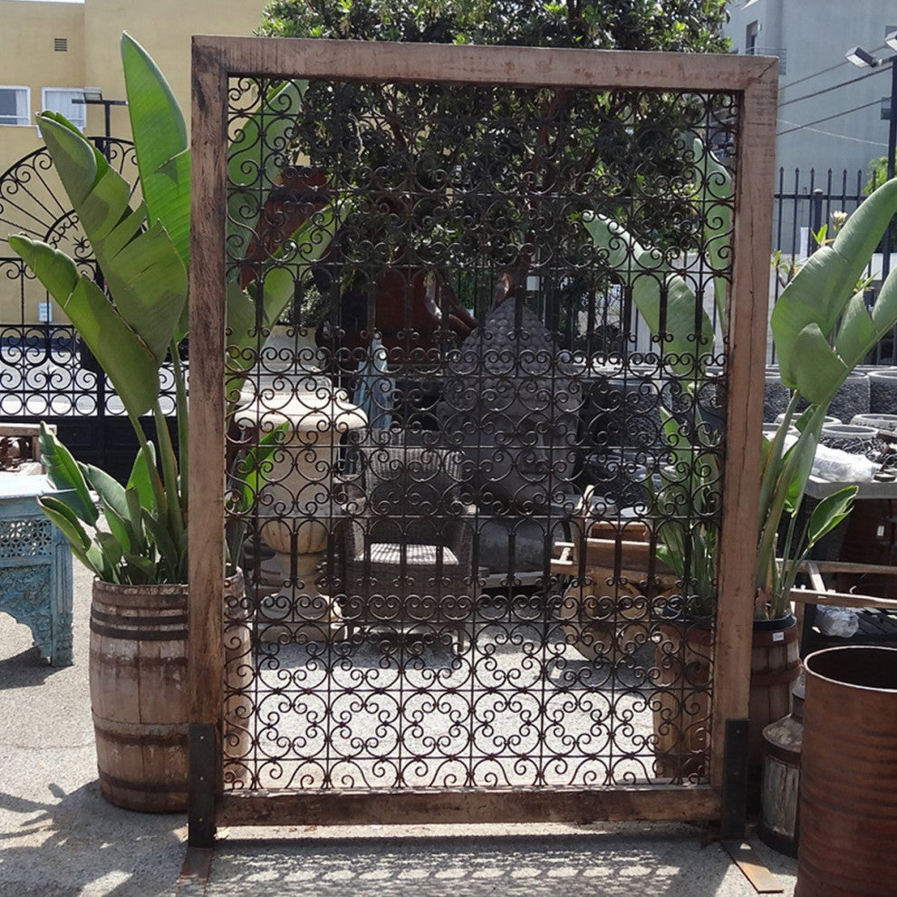 Large Wood Framed Open Iron Screen
